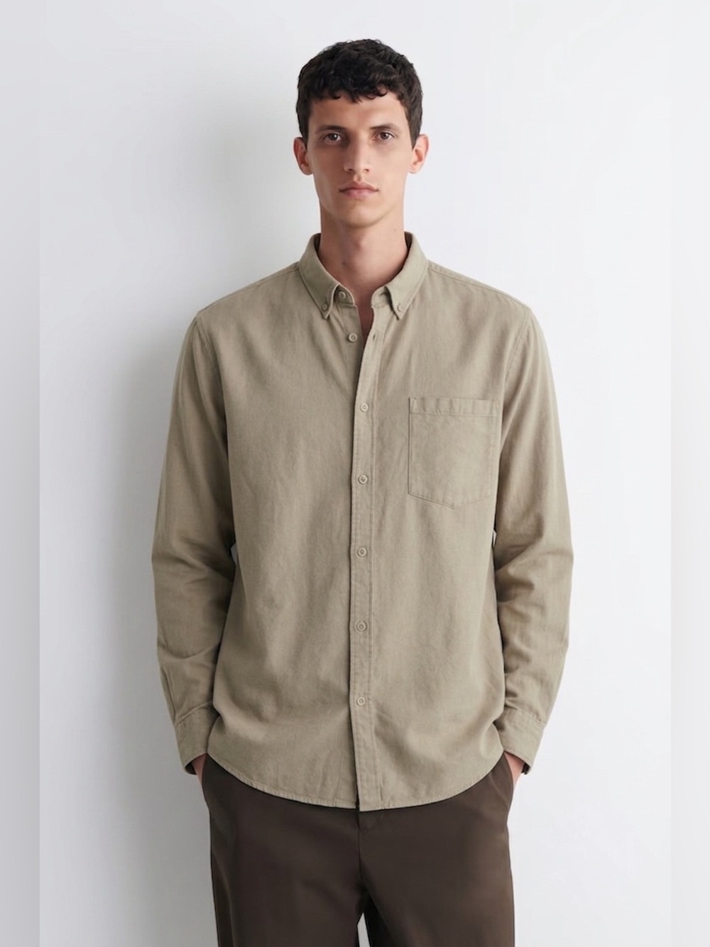 140 COS Men's Long Sleeve Relaxed Fit Khaki Cotton Casual Shirt, X-Large